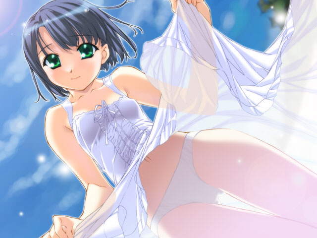 ino (magloid), original, jpeg artifacts, 1girl, blue hair, breasts, clothes lift, day, dress, dress lift, dutch angle, female focus, flat chest, green eyes, loli, panties, short hair, skirt, skirt lift, small breasts, solo, standing, sundress, thigh gap, thighs, underwear, white dress, white panties