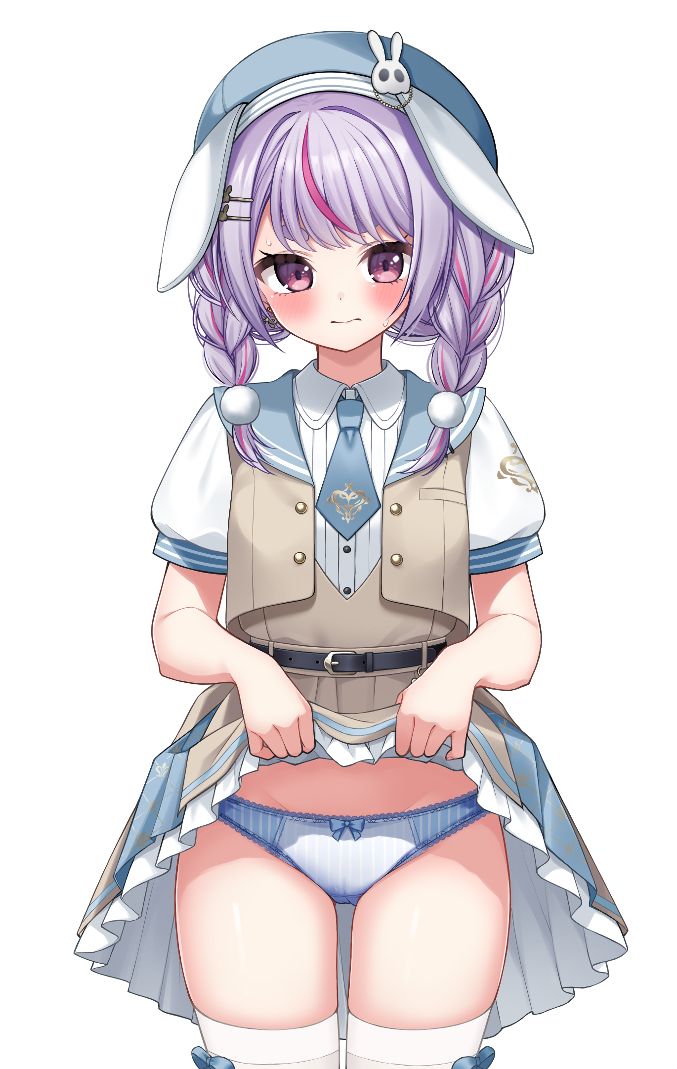 hoshino reiji, tosaki mimi, vspo!, highres, 1girl, animal ears, blush, braid, clothes lift, embarrassed, lifting own clothes, nose blush, panties, rabbit ears, shirt lift, underwear, virtual youtuber