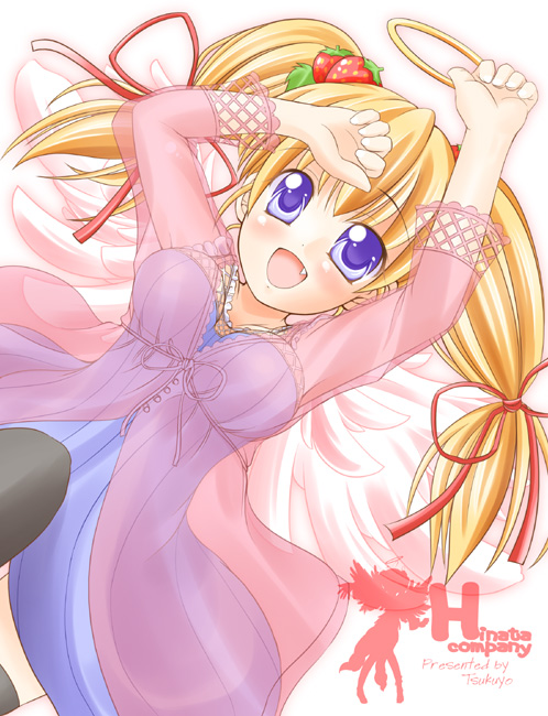 tsukuyo (artist), original, 1girl, :d, angel, angel wings, arms up, bad anatomy, blonde hair, blue eyes, female focus, flower, from above, hair flower, hair ornament, halo, looking at viewer, lying, on back, open mouth, smile, solo, tareme, thighhighs, traditional halo, wings