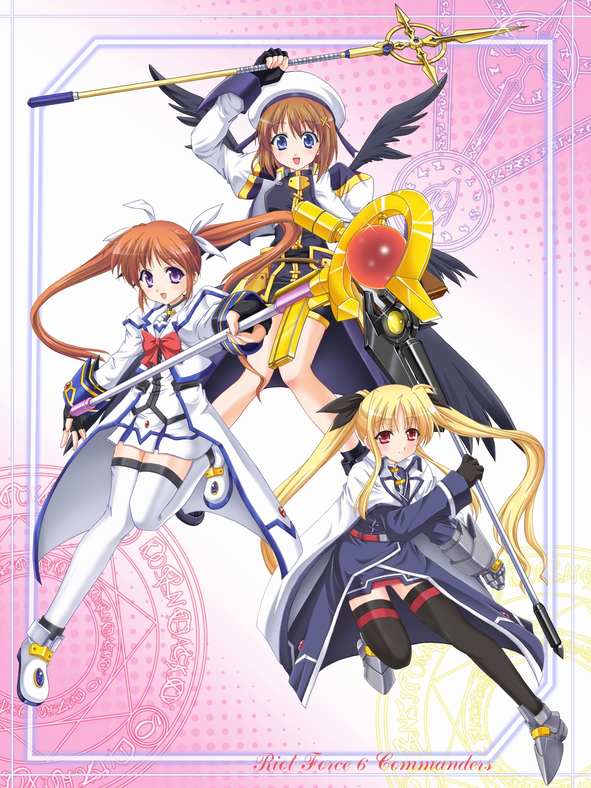 murasaki atsushi, bardiche (assault form) (nanoha), bardiche (nanoha), fate testarossa, fate testarossa (impulse form), raising heart, raising heart (accel mode), schwertkreuz, takamachi nanoha, takamachi nanoha (aggressor mode), tome of the night sky, yagami hayate, lyrical nanoha, mahou shoujo lyrical nanoha, mahou shoujo lyrical nanoha strikers, duplicate, highres, 00s, 3girls, armor, blonde hair, blue eyes, blush, book, bow, brown hair, cape, coat, fingerless gloves, gauntlets, gloves, hair ornament, hair ribbon, hat, jacket, long hair, magazine (weapon), magic circle, magical girl, multiple girls, octagram, open clothes, open jacket, open mouth, purple eyes, red bow, red eyes, red hair, ribbon, short hair, single gauntlet, single glove, skirt, smile, staff, staffs, thighhighs, twintails, waist cape, wings, x hair ornament, zettai ryouiki