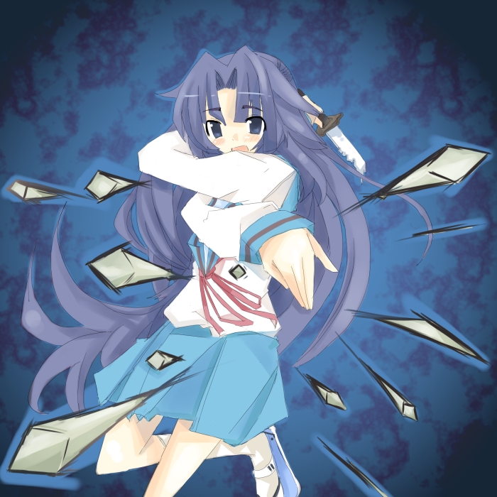 kanikama, asakura ryoko, suzumiya haruhi no yuuutsu, 00s, 1girl, blue eyes, blue hair, blue skirt, cowboy shot, crossed arms, dagger, female focus, knife, leg up, long hair, long sleeves, looking at viewer, matching hair/eyes, pleated skirt, school uniform, serafuku, skirt, solo, standing, standing on one leg, very long hair, weapon
