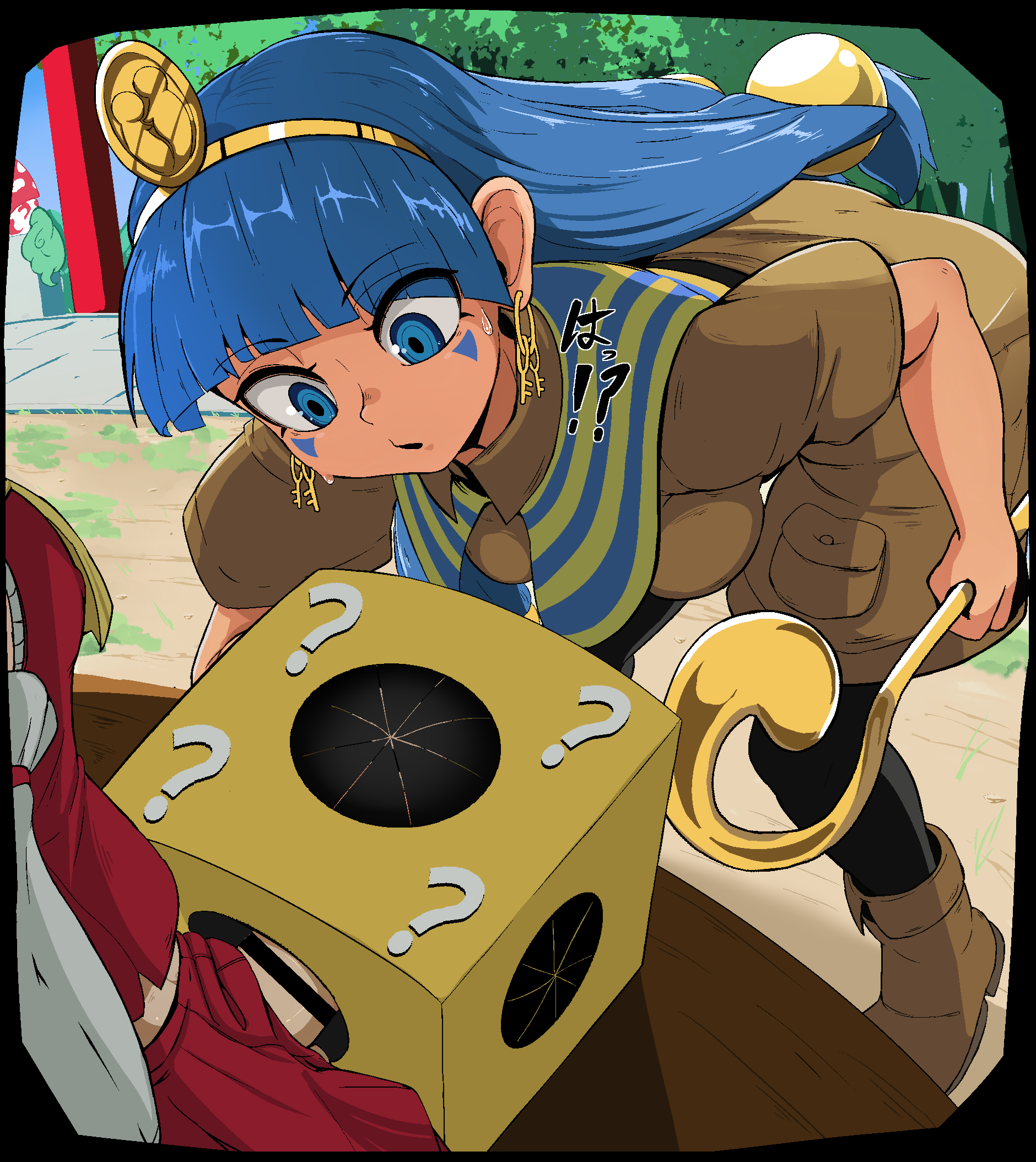 epic armageddon, hakurei reimu, komano aunn, michigami nareko, touhou, highres, translated, 3girls, bar censor, blue eyes, blue hair, brown shirt, brown shorts, censored, earrings, erection, facial mark, futanari, gold headdress, holding, holding scepter, jewelry, key earrings, large penis, multiple girls, mystery box, outdoors, penis, penis grab, realization, scepter, shirt, shorts, triangle, triangle facial mark, usekh collar