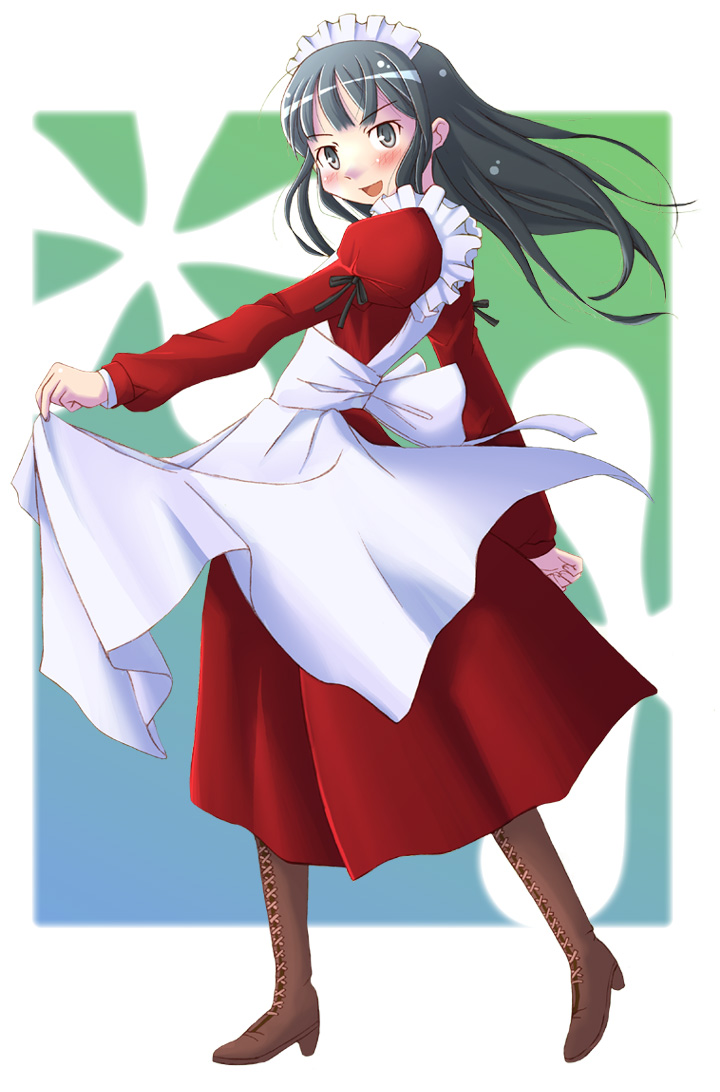 nyazui, futami eriko, kimi kiss, >:d, 1girl, :d, black ribbon, blunt bangs, blush, boots, bow, brown boots, female focus, foreshortening, frills, from behind, full body, green eyes, green hair, juliet sleeves, knee boots, lace-up boots, long sleeves, looking at viewer, looking back, maid, maid headdress, open mouth, outstretched arm, pantyhose, puffy sleeves, red ribbon, ribbon, smile, solo, standing, v-shaped eyebrows, white bow