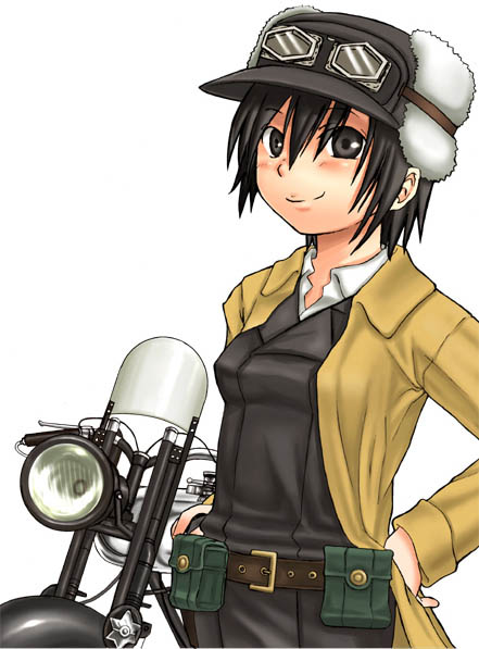 kanno izuka, hermes (kino no tabi), kino (kino no tabi), kino no tabi, vehicle, 00s, 1girl, androgynous, belt, black eyes, black hair, coat, collared shirt, goggles, gun, hand on own hip, hat, looking at viewer, motor vehicle, motorcycle, reverse trap, shirt, short hair, simple background, smile, weapon, white background