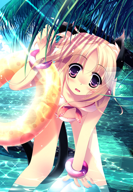 inuneko, animal ears, bikini, blonde hair, cat ears, cat tail, day, innertube, red eyes, solo, swim ring, swimsuit, tail