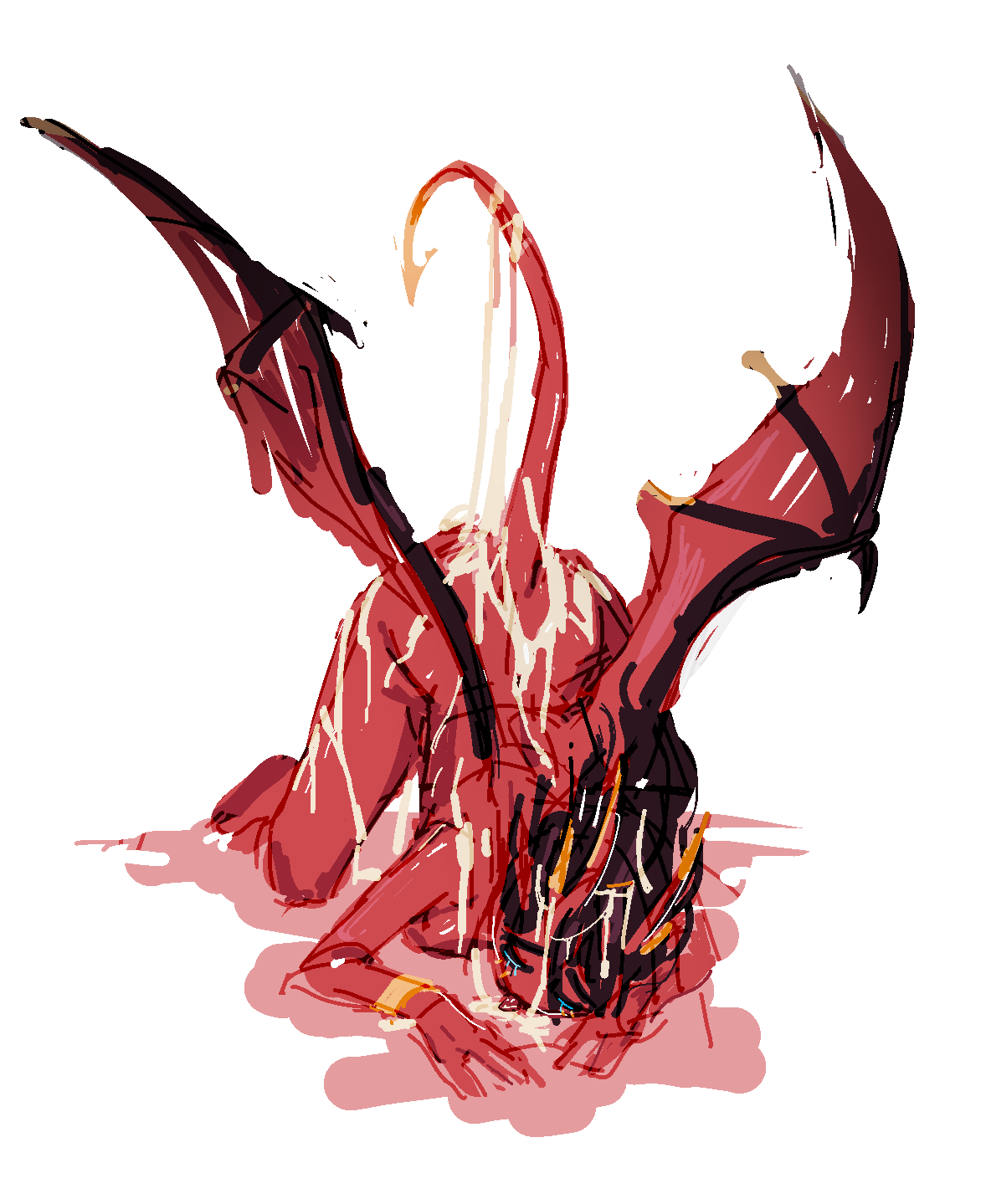 popisya, queen of pain (dota), dota (series), dota 2, highres, self-upload, 1girl, aftersex, all fours, ass, bat wings, black hair, breasts, bukkake, closed eyes, colored skin, cum, cum on ass, cum on back, cum on body, cum on hair, cum on legs, cum on tail, cumdrip, cumdump, demon, demon girl, dogeza, excessive cum, facial, full body, horns, kneeling, licking, licking cum, licking cum from floor, licking floor, medium hair, nude, on floor, red skin, slave, solo, spread legs, tail, tongue, tongue out, valve, white background, wings