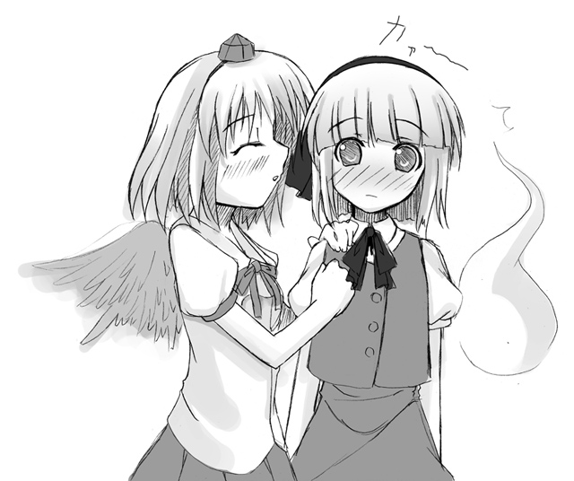 kirise mitsuru, konpaku youmu, konpaku youmu (ghost), shameimaru aya, touhou, 2girls, female focus, greyscale, hat, monochrome, multiple girls, tokin hat