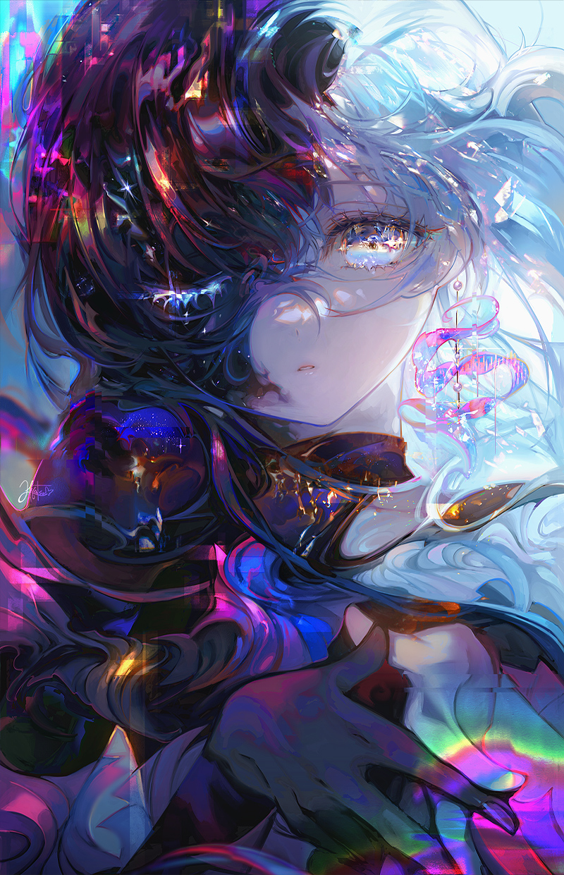 hyatsu, original, highres, 1girl, black hair, blue eyes, blue hair, colored eyelashes, colorful, earrings, eyelashes, floating hair, glowing, hair between eyes, hair over one eye, jewelry, light particles, long hair, looking at viewer, multicolored eyes, multicolored hair, one eye closed, open mouth, parted lips, pearl earrings, pink hair, purple hair, rainbow, rainbow eyes, signature, single earring, solo, streaked hair, upper body, very long hair