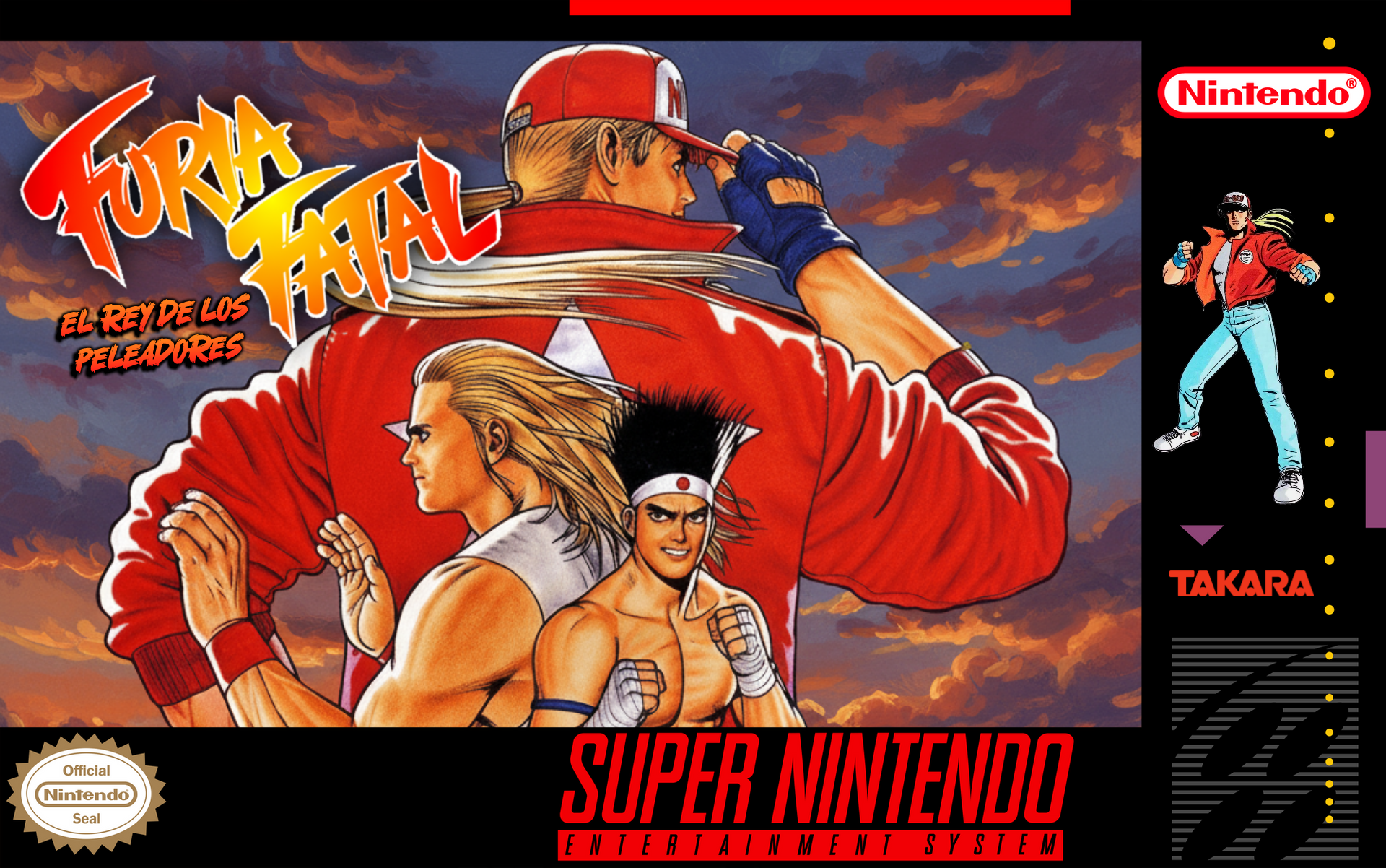 mori toshiaki, andy bogard, joe higashi, terry bogard, fatal fury, third-party edit, 3boys, bandana, baseball cap, blonde hair, blue eyes, blue jeans, converse shoes, game console, hat, headband, long hair, multiple boys, muscular, spanish text, super nintendo, video game
