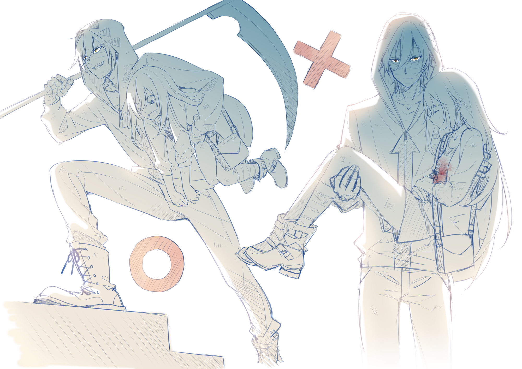 tidsean, isaac foster, rachel gardner, satsuriku no tenshi, highres, 1boy, 1girl, ankle boots, bag, bandaged hand, bandaged head, bandaged leg, bandages, blood, boots, carrying, carrying person, carrying under arm, holding, holding scythe, hood, hood up, hoodie, jacket, long hair, multiple views, pants, princess carry, scythe, short hair, shorts, shoulder bag, simple background, spot color, stairs, white background