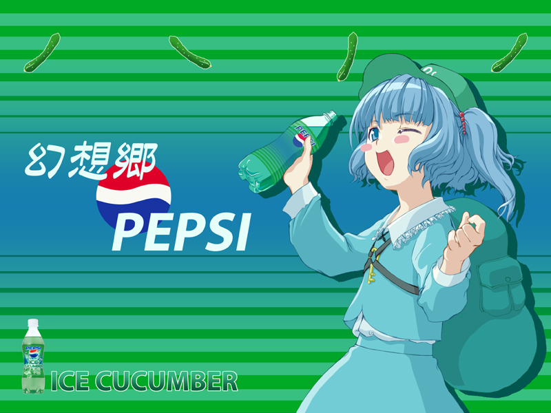 murakumo takeru, kawashiro nitori, pepsi, touhou, 1girl, backpack, bag, cucumber, female focus, hat, key, one eye closed, pepsi ice cucumber, randoseru, simple background, soda, solo, two side up, wink