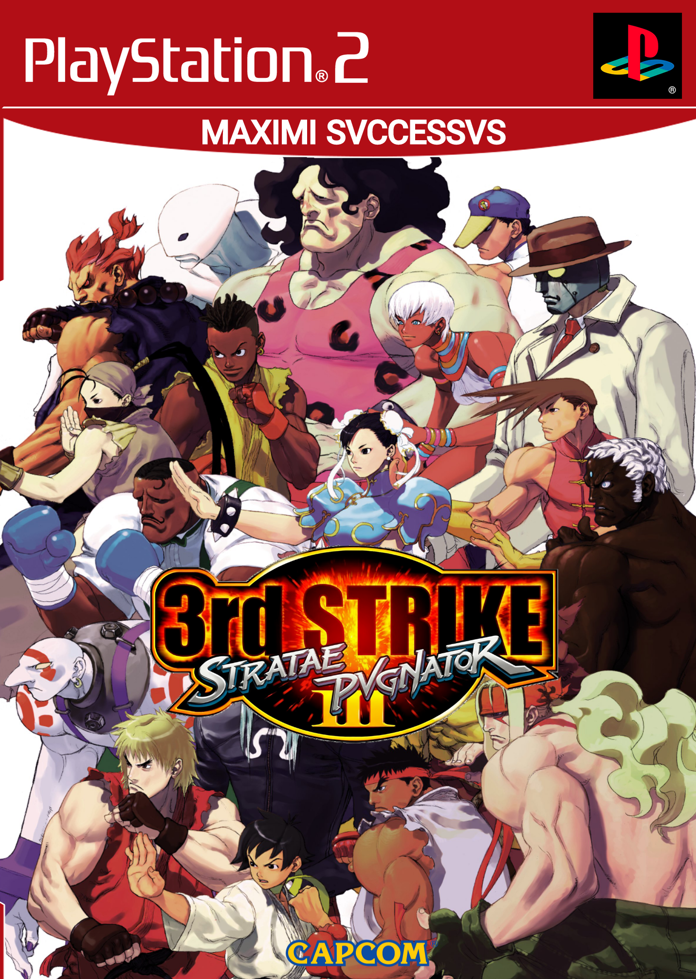 akuma (street fighter), alex (street fighter), chun-li, dudley, elena (street fighter), hugo andore, ibuki (street fighter), ken masters, makoto (street fighter), necro (street fighter), q (street fighter), ryu (street fighter), twelve (street fighter), urien, capcom, street fighter, street fighter iii (series), third-party edit, baseball cap, blonde hair, colored skin, dark-skinned female, dark-skinned male, dark skin, dougi, game console, hat, karate gi, latin text, long hair, muscular, muscular male, ninja, playstation 2, video game, white hair, white skin, yang (street fighter), yun (street fighter)