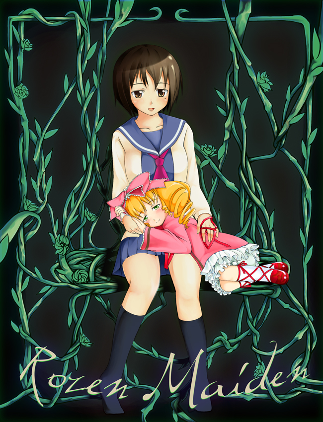 hubrael, hinaichigo, kashiwaba tomoe, rozen maiden, 00s, 2girls, black socks, blonde hair, blue sailor collar, bow, brown hair, cardigan, full body, kneehighs, lap pillow, mole, mole under eye, multiple girls, pink bow, sailor collar, school uniform, serafuku, short hair, sitting, sleeping, socks, yokozuwari