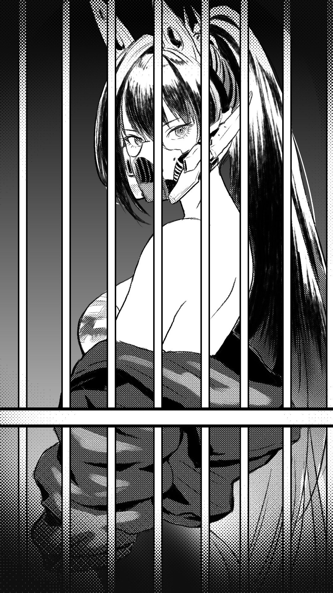 yatukian, sin (nikke), goddess of victory: nikke, highres, 1girl, bars, black mask, gradient background, greyscale, in cell, iron bars, jacket, mask, monochrome, mouth mask, prison, prison cell, prisoner, solo