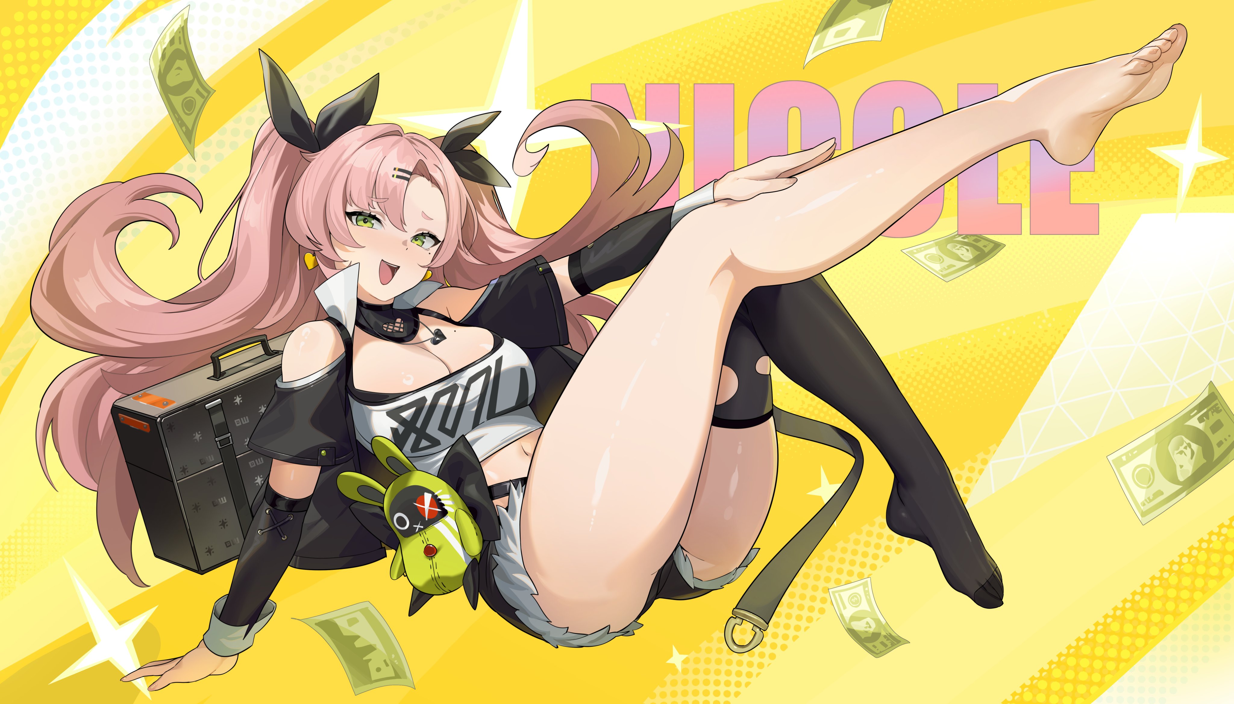 otakueden1995, amillion (zenless zone zero), nicole demara, zenless zone zero, absurdres, highres, 1girl, barefoot, black ribbon, black shorts, breasts, character name, clothing cutout, crop top, earrings, feet, hair ornament, hairclip, heart, heart earrings, heart necklace, jewelry, long hair, micro shorts, mole, mole on breast, mole under eye, money, necklace, open mouth, pink hair, ribbon, shorts, shoulder cutout, single thighhigh, sitting, solo, sparkle, stuffed toy, suitcase, thighhighs, toes, torn clothes, torn thighhighs, twintails, yellow background