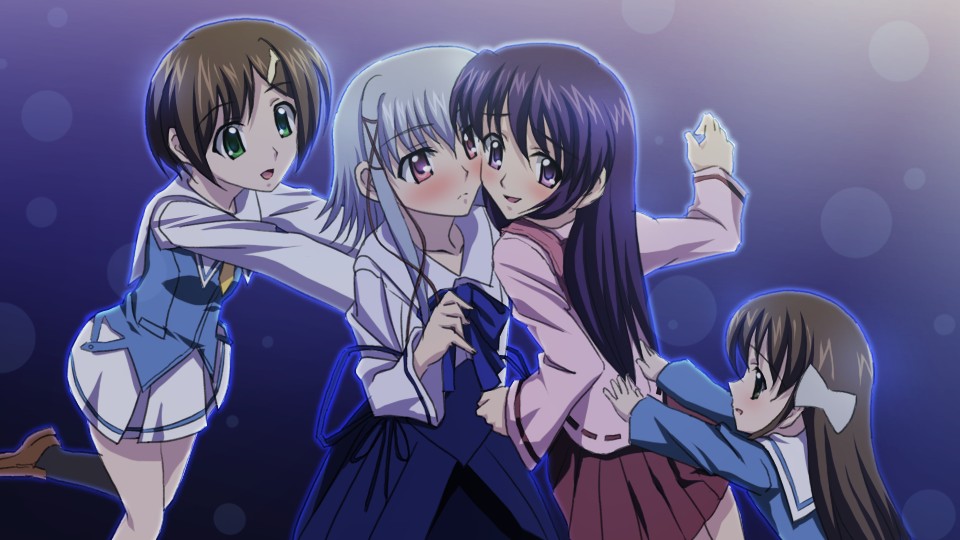 sanshita, ishizuki koyori, ishizuki mana, morimiya aono, shihou matsuri, sola, silver hair, 00s, 4girls, bad anatomy, blush, bow, brown hair, cheek press, green eyes, hair bow, hair ornament, hairclip, height difference, long hair, multiple girls, pink eyes, plaid clothes, plaid skirt, pleated skirt, poorly drawn, purple eyes, purple hair, pushing, school uniform, serafuku, short hair, sidelocks, skirt, smile, very long hair