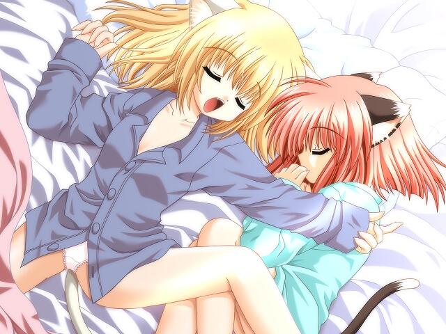 nekoneko, maaya (kin'youbi no koneko), miiyu (kin'youbi no koneko), kin'youbi no koneko, game cg, jpeg artifacts, 2girls, animal ears, bedshirt, blonde hair, cat ears, cat tail, closed eyes, fetal position, loli, multiple girls, nightshirt, panties, red hair, shirt, sleeping, tail, underwear