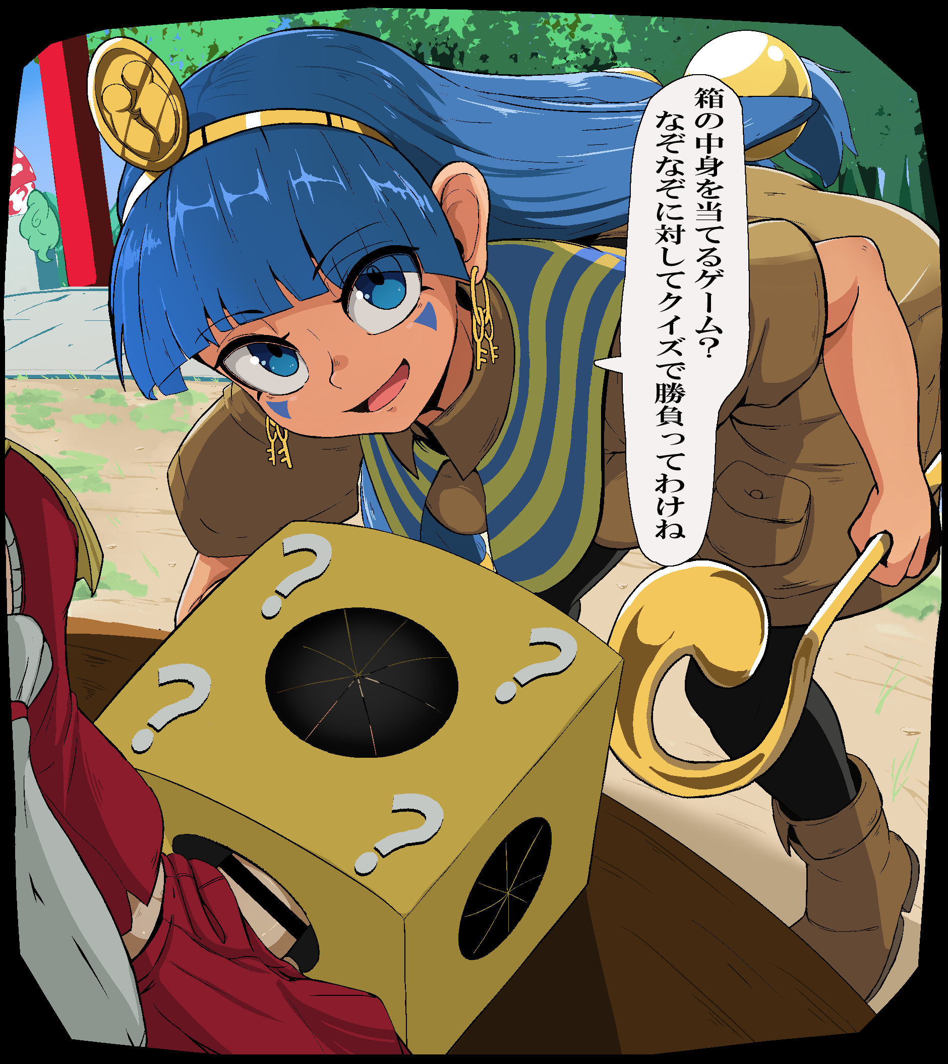 epic armageddon, hakurei reimu, komano aunn, michigami nareko, touhou, highres, translated, 3girls, bar censor, blue eyes, blue hair, brown shirt, brown shorts, censored, earrings, facial mark, futanari, gold headdress, holding, holding scepter, jewelry, key earrings, large penis, multiple girls, mystery box, outdoors, penis, scepter, shirt, shorts, triangle, triangle facial mark, usekh collar