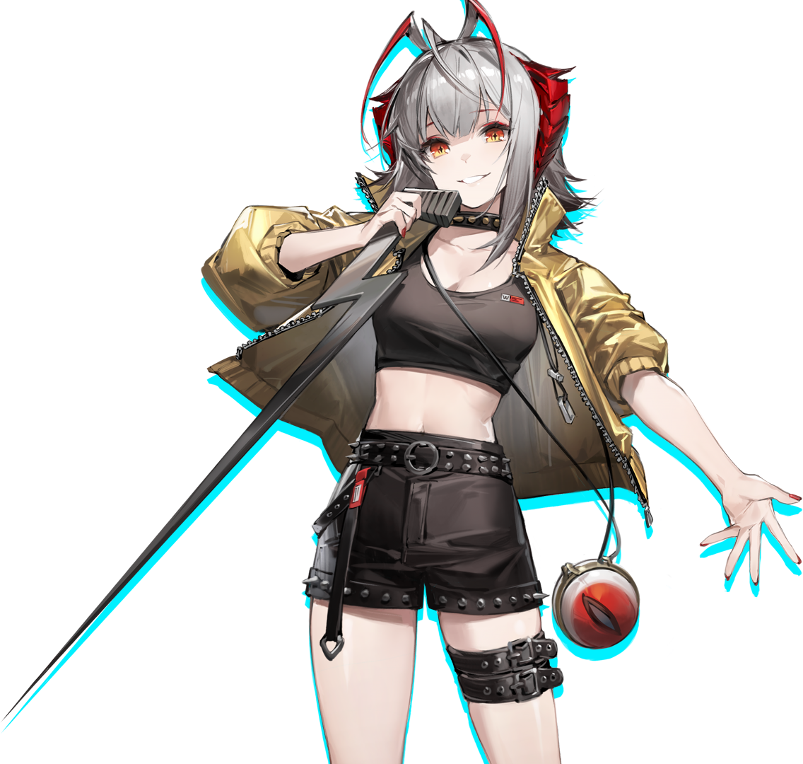 liduke, w (arknights), w (cannot wait for) (arknights), ambience synesthesia, arknights, official art, 1girl, antenna hair, bag, belt, black belt, black shorts, black tank top, choker, cowboy shot, crop top, demon horns, drop shadow, flipped hair, four-pointed star, grey hair, grin, holding, holding microphone, horns, jacket, looking at viewer, medium hair, microphone, midriff, nail polish, navel, official alternate costume, outstretched hand, red hair, red horns, red nails, shorts, shoulder bag, simple background, sleeves pushed up, smile, solo, spiked choker, spiked shorts, spikes, standing, star-shaped pupils, star (symbol), symbol-shaped pupils, tachi-e, tank top, thigh belt, thigh strap, transparent background, yellow jacket, zipper, zipper pull tab