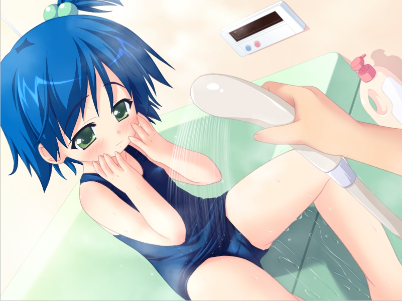 munyuu, tomoka (watashi no puni puni), daisuki na sensei ni h na onedari shichau omase na boku no/watashi no puni puni, washing, game cg, 1boy, 1girl, bathing, bathroom, blue hair, green eyes, hair bobbles, hair ornament, hetero, loli, male hand, mixed-sex bathing, one-piece swimsuit, one side up, school swimsuit, shared bathing, showering, side ponytail, swimsuit