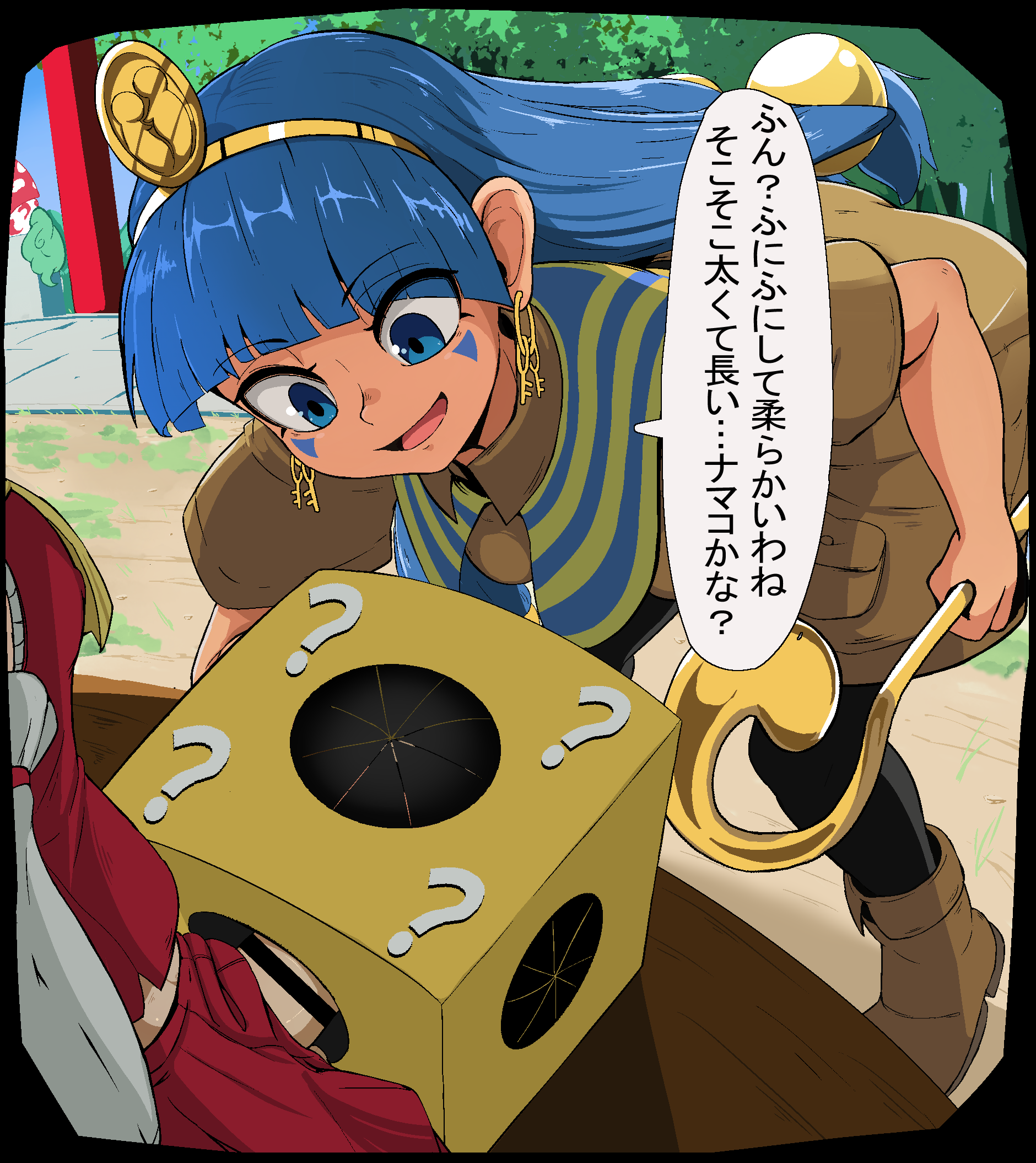 epic armageddon, hakurei reimu, komano aunn, michigami nareko, touhou, highres, translated, 3girls, bar censor, blue eyes, blue hair, brown shirt, brown shorts, censored, earrings, facial mark, flaccid, futanari, gold headdress, holding, holding scepter, jewelry, key earrings, large penis, multiple girls, mystery box, outdoors, penis, penis grab, scepter, shirt, shorts, triangle, triangle facial mark, usekh collar