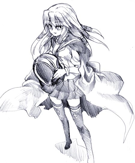 tenkuu sphere, victoria, victoria (busou renkin), busou renkin, 00s, 1girl, cape, female focus, helmet, long hair, monochrome, school uniform, serafuku, skirt, solo, thighhighs, zettai ryouiki