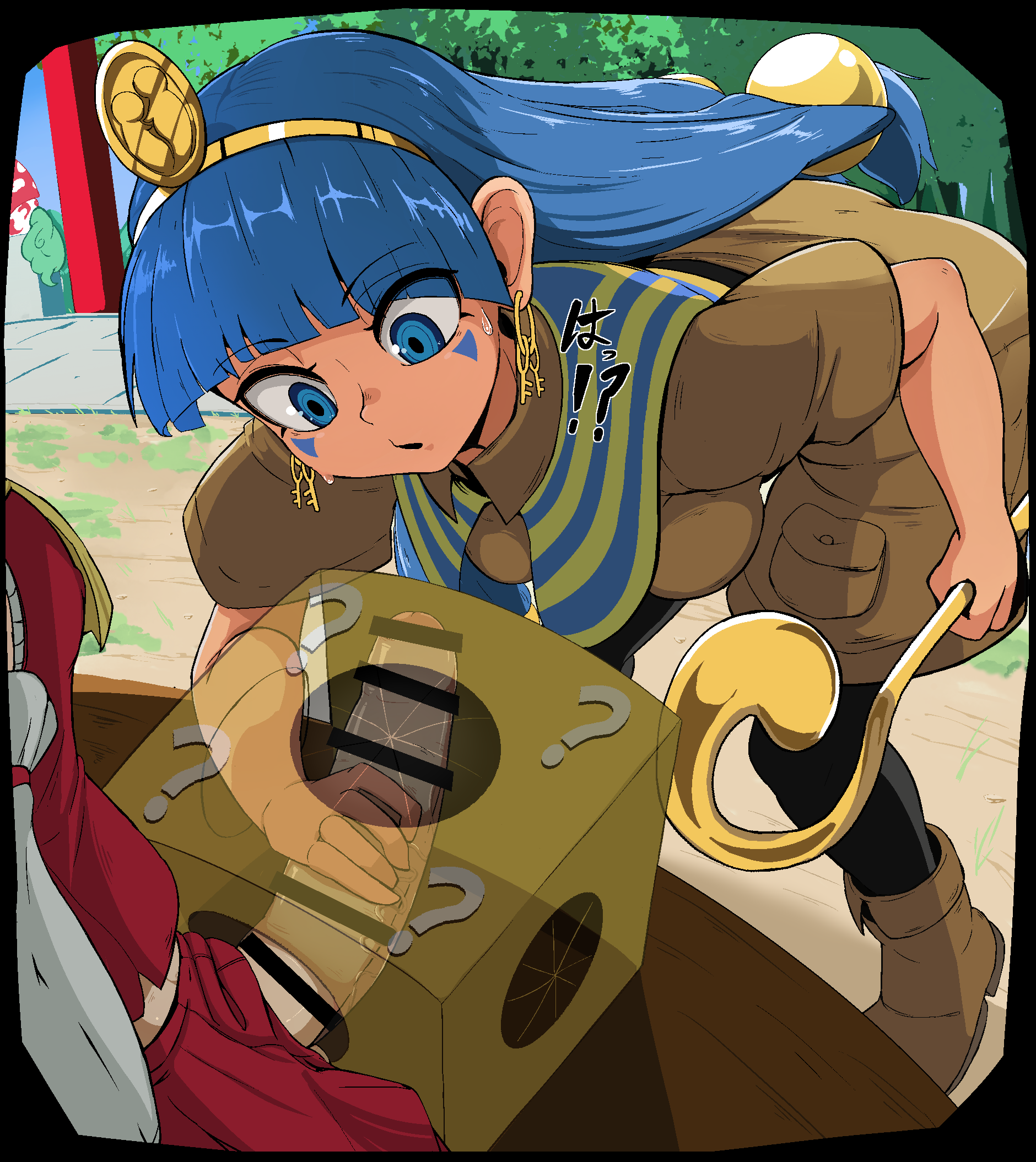 epic armageddon, hakurei reimu, komano aunn, michigami nareko, touhou, highres, translated, 3girls, bar censor, blue eyes, blue hair, brown shirt, brown shorts, censored, earrings, erection, facial mark, futanari, gold headdress, holding, holding scepter, jewelry, key earrings, large penis, multiple girls, mystery box, outdoors, penis, penis grab, scepter, shirt, shorts, triangle, triangle facial mark, usekh collar, x-ray
