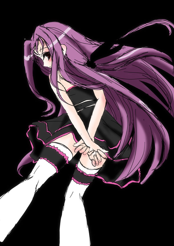 frapowa, lutecia, lutecia alpine, lyrical nanoha, mahou shoujo lyrical nanoha, mahou shoujo lyrical nanoha strikers, 00s, 1girl, arms behind back, black background, female focus, from below, gloves, long hair, looking at viewer, looking back, magical girl, profile, simple background, solo, thighhighs, v arms, very long hair, white thighhighs, zettai ryouiki