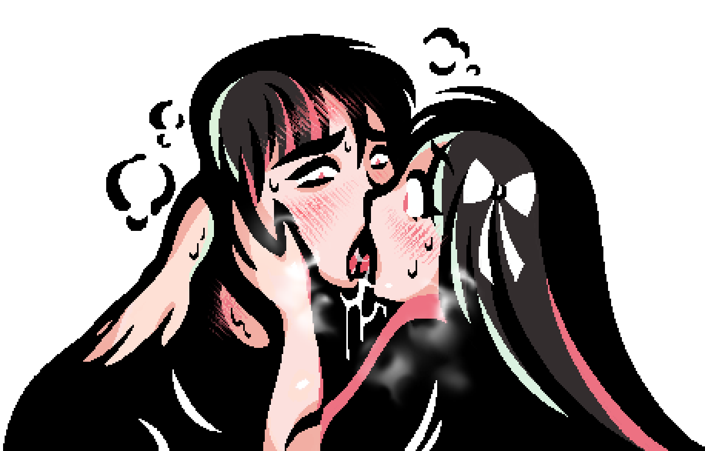 popisya, original, self-upload, 1boy, 1girl, arm around neck, aroused, assertive female, bags under eyes, black shirt, blush, bow, breath, brown hair, couple, drooling, embarrassed, excited, forced hug, forced kiss, french kiss, goth fashion, hair ornament, hair ribbon, hand on another's cheek, hand on another's face, heavy breathing, hug, kiss, long hair, looking at another, lovestruck, nervous, nose blush, open mouth, panicking, portrait, red eyes, ribbon, saliva, saliva trail, shirt, short hair, steam, surprise kiss, surprised, sweat, sweatdrop, tongue, tongue out, upper body, white background, white bow