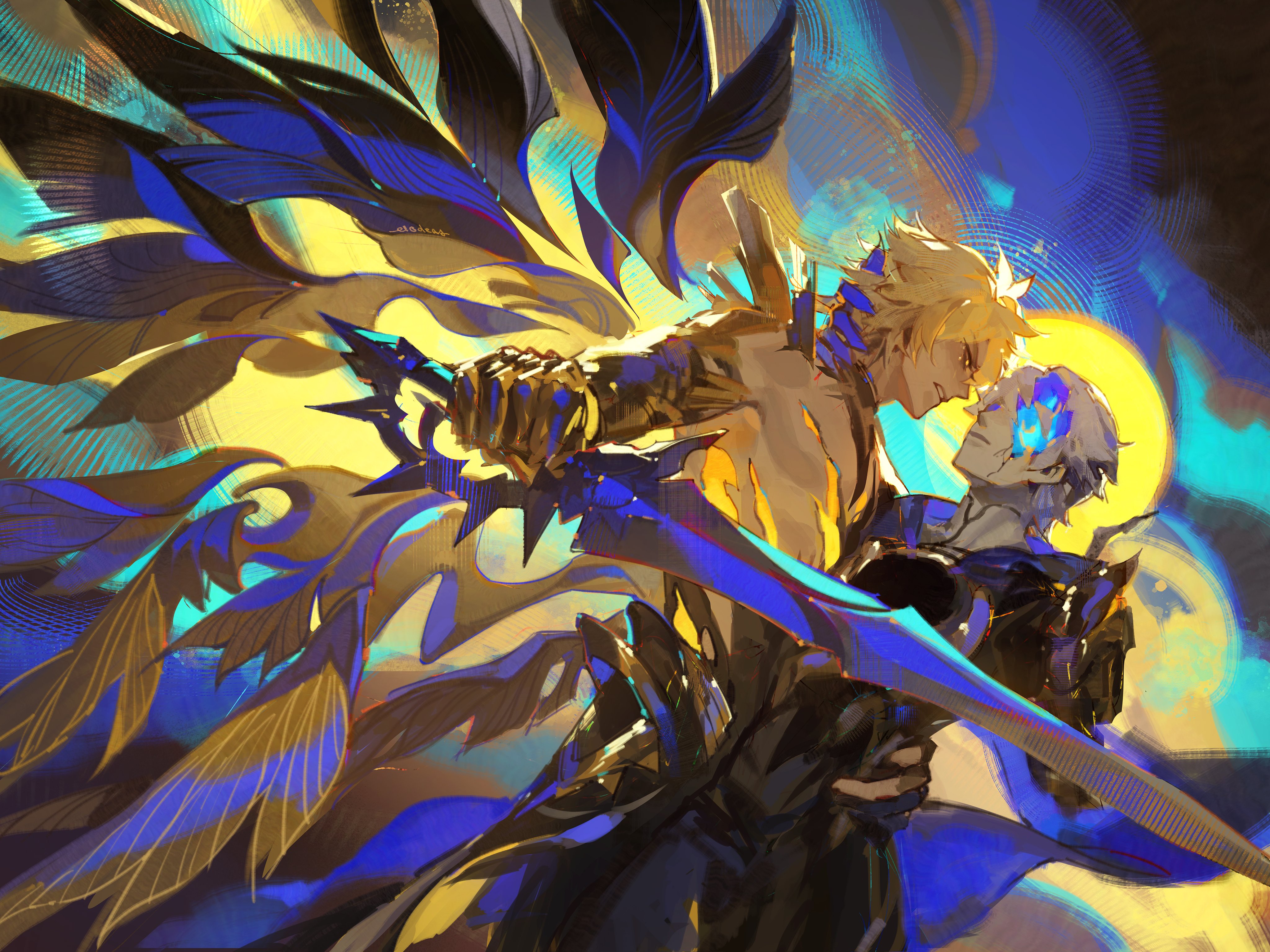 elodeas, phainon (honkai: star rail), phainon (khaslana) (honkai: star rail), honkai: star rail, honkai (series), absurdres, highres, 2boys, angel wings, artist name, blonde hair, clenched teeth, dual persona, gauntlets, glowing, glowing eyes, holding, holding sword, holding weapon, male focus, multiple boys, multiple wings, short hair, sword, teeth, weapon, wings, yellow eyes