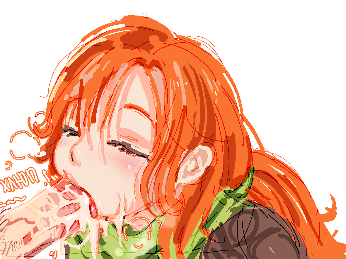 popisya, windranger (dota), dota (series), dota 2, self-upload, 1girl, blush, closed eyes, cum, cum in mouth, cum on body, cum on penis, cum overflow, curly hair, curtained hair, ejaculation, facial, fellatio, green scarf, lips, long bangs, long hair, off-color semen, oral, parted bangs, penis, ponytail, portrait, red hair, russian text, scarf, solo focus, steam, tongue, tongue out, valve, white background
