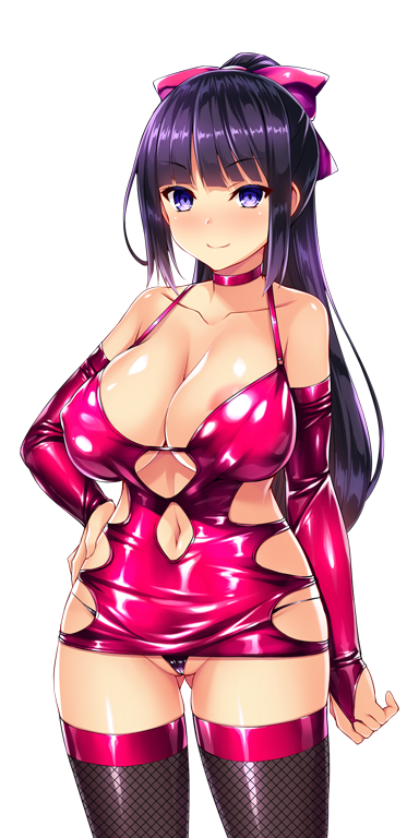 satou kuuki, kisaragi nozomi, shinsou seiki elementia, game cg, non-web source, official art, variant set, 1girl, areola slip, bare shoulders, black hair, black panties, black thighhighs, blunt bangs, blush, bodycon, bow, breasts, bridal gauntlets, choker, cleavage, closed mouth, clothing cutout, collarbone, cowboy shot, dress, elbow gloves, fishnet thighhighs, fishnets, g-string, gloves, gluteal fold, hair bow, hand on own hip, highleg, highleg panties, large breasts, latex, long hair, looking at viewer, micro panties, microdress, navel, navel cutout, panties, pink bow, pink choker, pink dress, ponytail, purple eyes, purple hair, red dress, revealing clothes, shiny clothes, shiny skin, short dress, sidelocks, skin tight, sleeveless, sleeveless dress, smile, solo, standing, string panties, thighhighs, thong, transparent background, underwear