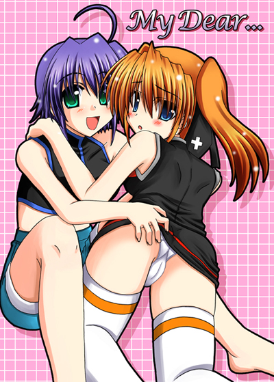 lask, subaru nakajima, teana lanster, lyrical nanoha, mahou shoujo lyrical nanoha, mahou shoujo lyrical nanoha strikers, 00s, 2girls, :d, ahoge, blue eyes, blue hair, blush, cameltoe, clothes lift, denim, denim shorts, dress, dress lift, green eyes, looking back, midriff, multiple girls, open mouth, orange hair, panties, pantyshot, short hair, short twintails, shorts, smile, thighhighs, trefoil, twintails, underwear, white panties, white thighhighs, yuri, zettai ryouiki