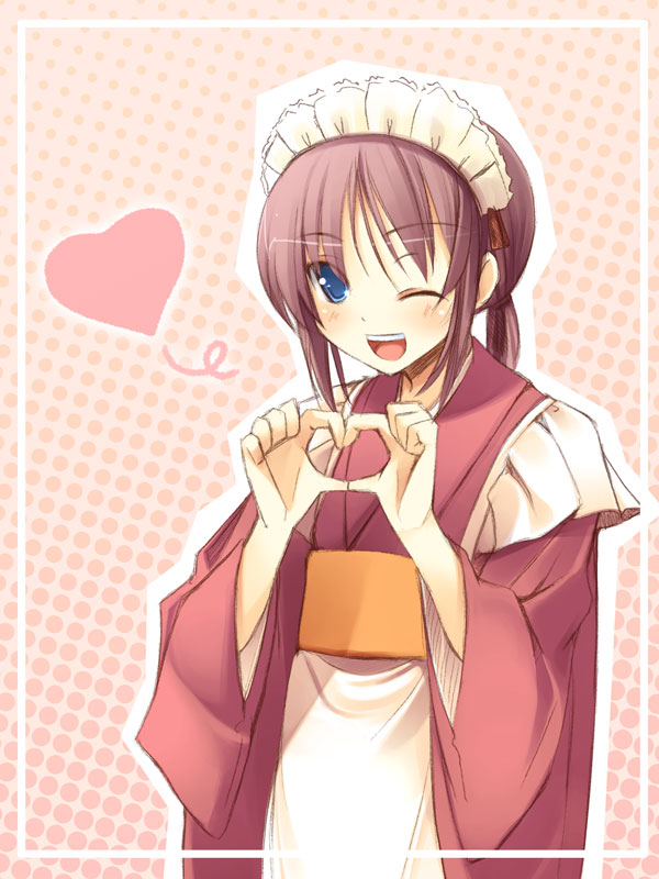 jirou (chekoro), original, 1girl, apron, blue eyes, female focus, four-finger heart hands, heart, heart hands, japanese clothes, kimono, low ponytail, maid, maid apron, one eye closed, ponytail, solo, wa maid