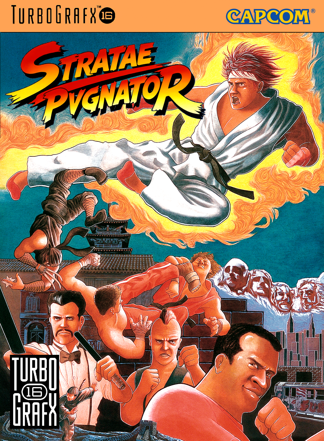 birdie (street fighter), eagle (street fighter), geki (street fighter), joe (street fighter), ken masters, lee (street fighter), mike (street fighter), ryu (street fighter), street fighter, street fighter 1, 1980s (style), third-party edit, fighting stance, flying kick, great wall of china, japan, kicking, mount rushmore, new york city, okinawa, oldschool