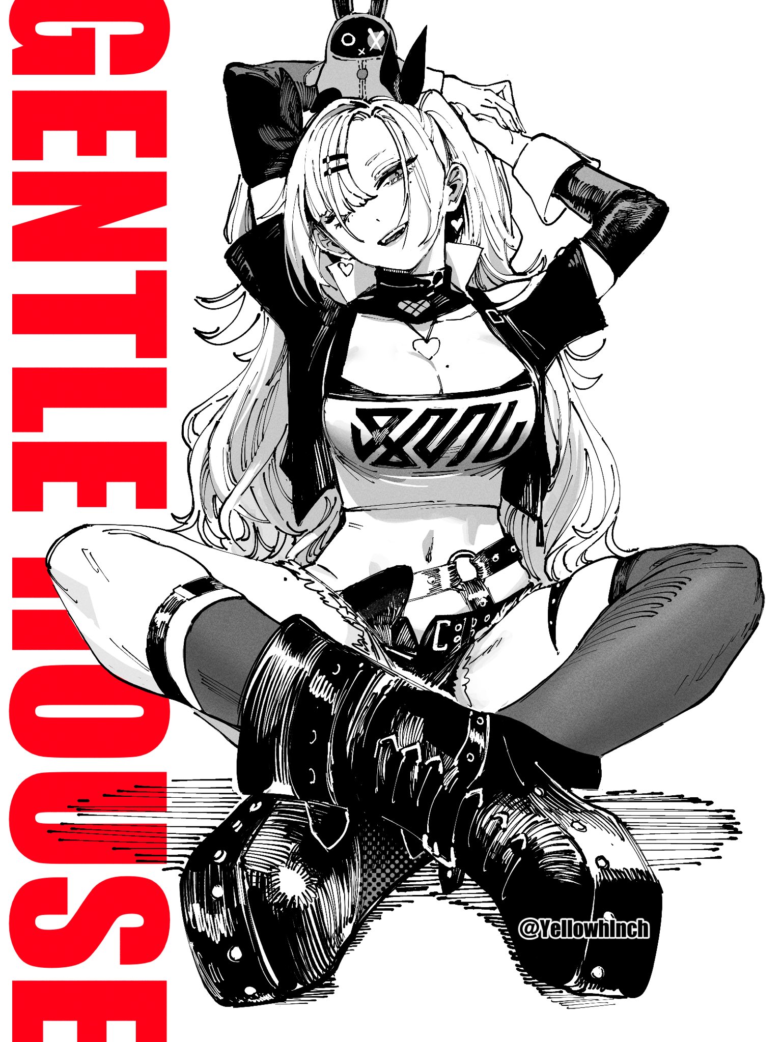 otimusyairoha, nicole demara, zenless zone zero, highres, arms behind head, boots, breasts, cleavage, earrings, greyscale, hair over one eye, heart, heart earrings, heart necklace, high heel boots, high heels, holding own hand, jewelry, large breasts, long hair, looking at viewer, midriff, mole, mole on breast, monochrome, navel, necklace, open fly, open mouth, short shorts, shorts, single thighhigh, sitting, thighhighs, torn clothes, torn shorts, twintails, twitter username