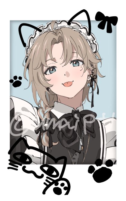 umapote, nijisanji, 1boy, :p, animal ears, black bow, black dress, blush, bow, brown hair, cat ears, dress, earrings, grey eyes, jewelry, kanae (20th costume) (nijisanji), maid, male focus, mole, mole under eye, pinafore dress, polaroid photo, sleeveless, sleeveless dress, solo, tongue, tongue out