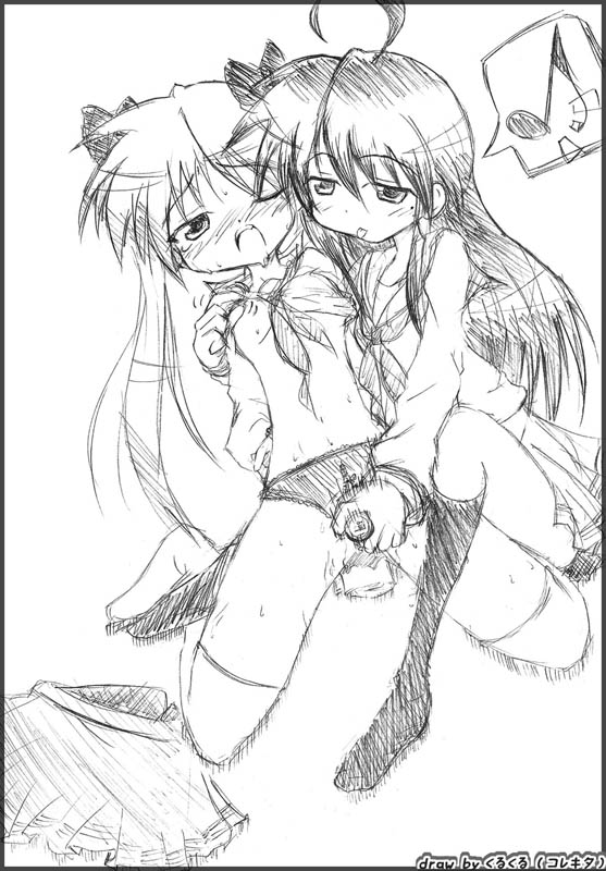 soutou, hiiragi kagami, izumi konata, lucky star, 00s, 2girls, greyscale, mole, mole under eye, monochrome, multiple girls, school uniform, serafuku, thighhighs, yuri