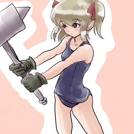 medici-ke (gihhl.lx7e), 1girl, female focus, one-piece swimsuit, school swimsuit, solo, swimsuit, twintails, war hammer, warhammer, weapon