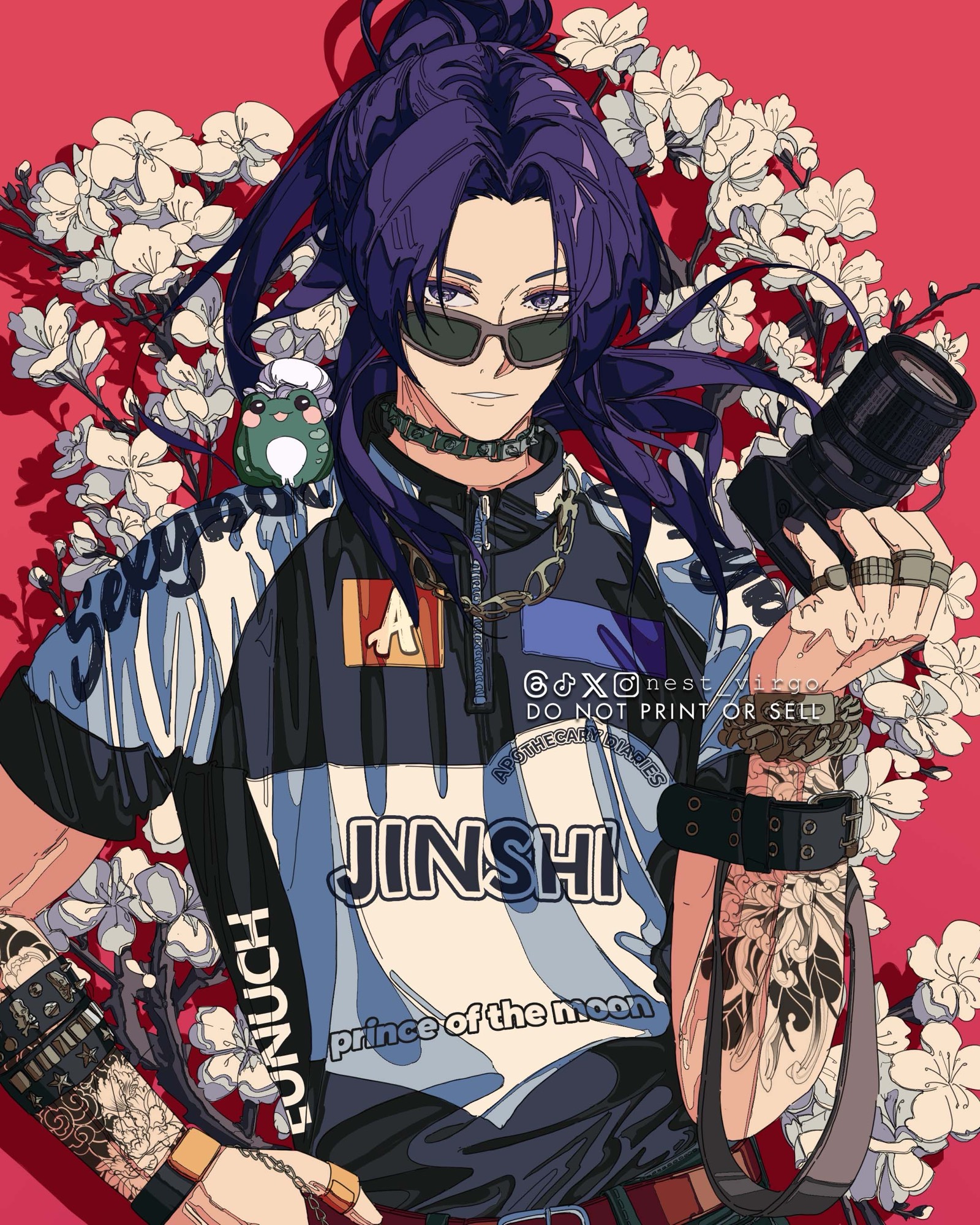 nest virgo, jinshi (kusuriya no hitorigoto), kusuriya no hitorigoto, commentary, highres, 1boy, arm tattoo, artist name, camera, chain, character name, floral background, holding, holding camera, long hair, looking at viewer, male focus, print shirt, purple hair, shirt, solo, sunglasses, tattoo