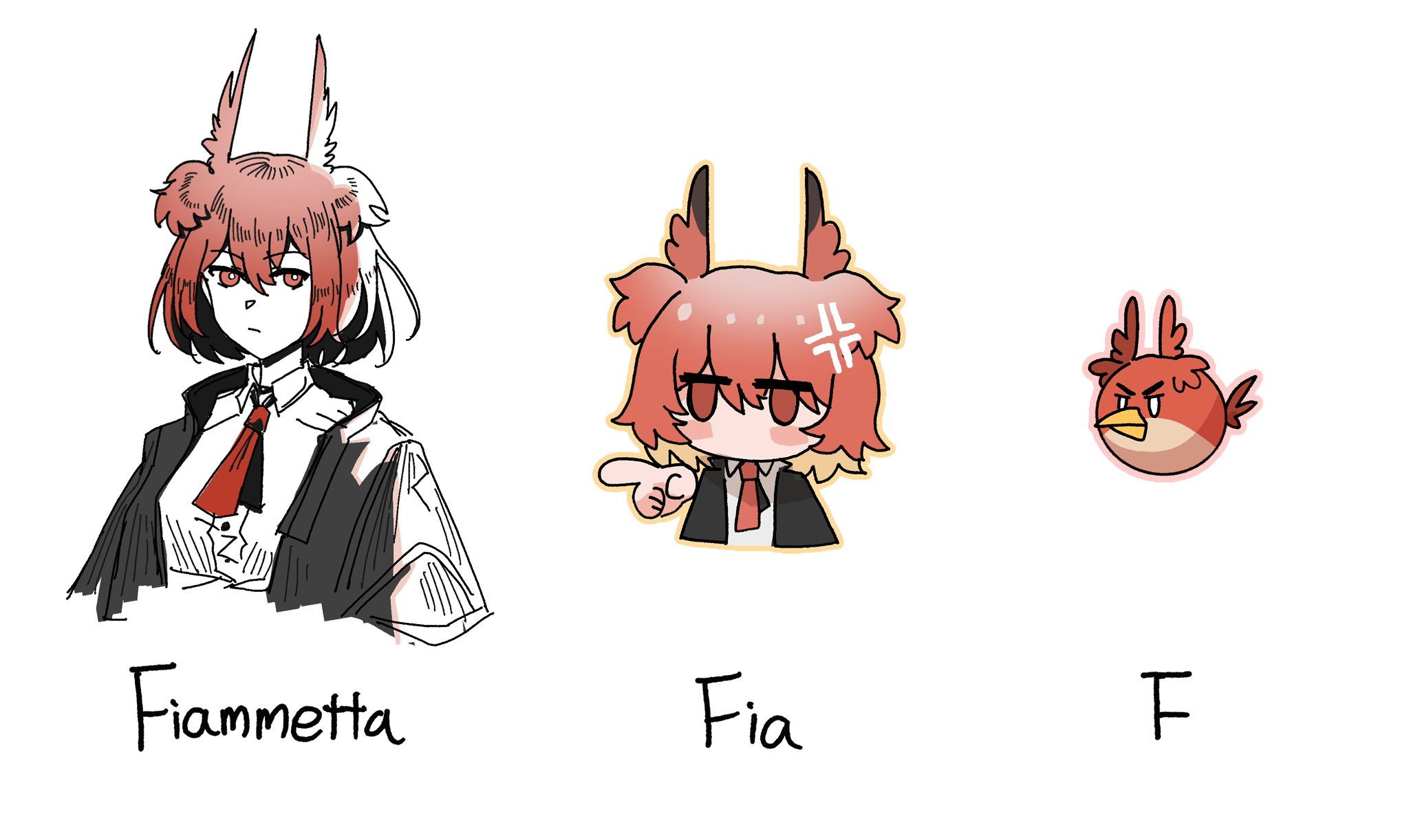 yuec, fiammetta (arknights), red (angry birds), angry birds, arknights, highres, 1girl, anger vein, animal ears, animalization, bird, bird ears, bird girl, black jacket, character name, chibi, collared shirt, cropped torso, dress shirt, jacket, multiple views, necktie, pointing, red eyes, red hair, red necktie, shirt, short hair, simple background, white background, white shirt