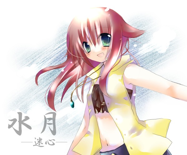 jin rikuri, miyashiro karin, suigetsu, 1girl, :d, blue eyes, blush, female focus, gem, green gemstone, hair flaps, jewelry, looking at viewer, midriff, navel, necklace, open mouth, pendant, red hair, sidelocks, smile, solo, stomach, suigestu