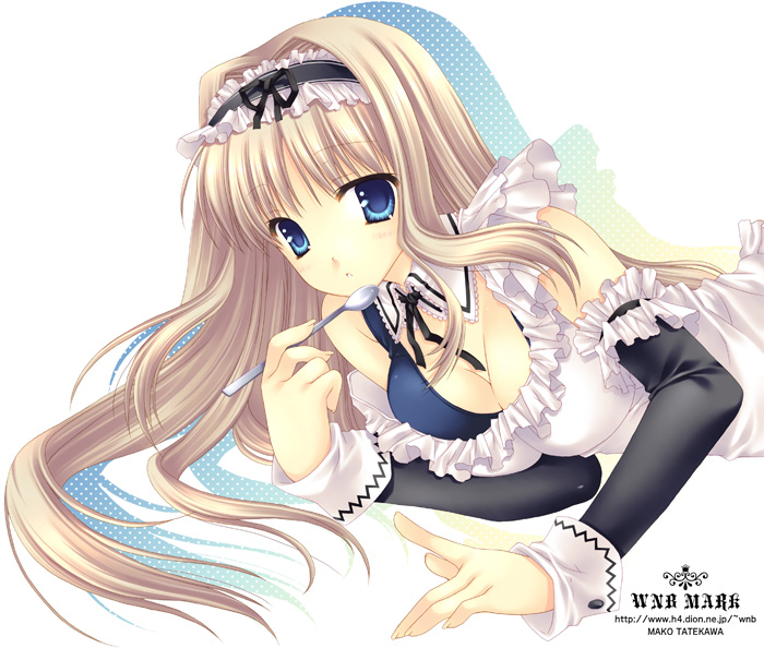 wnb mark, kusugawa sasara, to heart (series), to heart 2, 00s, 1girl, apron, blonde hair, blue eyes, breasts, cleavage, female focus, large breasts, long hair, maid, maid apron, one-piece swimsuit, school swimsuit, solo, swimsuit