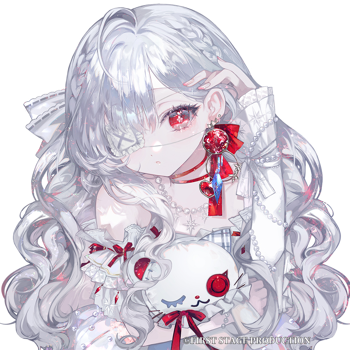 hyatsu, first stage production, highres, armlet, bow, bowtie, bracelet, dress, earrings, eyelashes, eyepatch, fingernails, frilled dress, frills, hair between eyes, hakanai ruby (vtuber), hand in own hair, heart, heart earrings, hoop earrings, jewelry, long hair, long sleeves, multicolored nails, necklace, open mouth, pale skin, parted lips, pearl bracelet, pearl necklace, pink nails, red bow, red bowtie, red eyes, red ribbon, ribbon, simple background, single earring, sleeve bow, very long hair, virtual youtuber, white background, white bow, white dress, white hair, white nails, white sleeves