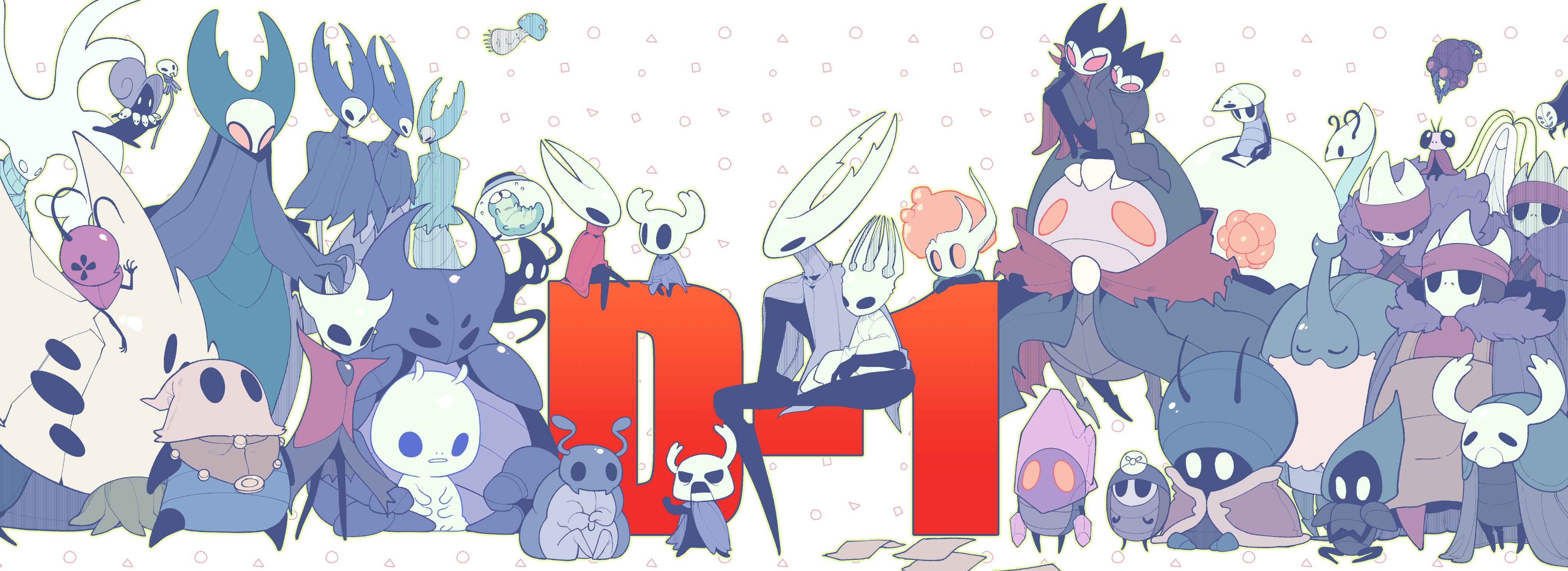 shak (gongi), broken vessel (hollow knight), cloth (hollow knight), collector (hollow knight), crystal guardian (hollow knight), elderbug, false knight (hollow knight), grimm (hollow knight), grimmchild, grub (hollow knight), hollow knight (character), hornet (hollow knight), knight (hollow knight), mantis lord (hollow knight), mato (hollow knight), midwife (hollow knight), myla (hollow knight), nailsmith (hollow knight), oro (hollow knight), pale king (hollow knight), quirrel, sheo (hollow knight), sly (hollow knight), snail shaman (hollow knight), soul master (hollow knight), tiso, traitor lord (hollow knight), white lady (hollow knight), zote, hollow knight, father and child, absurdres, character request, highres, black eyes, blank eyes, bug, cloak, father and daughter, grey cloak, grey mourner (hollow knight), horned mask, horns, mask, mother and child, multiple boys, multiple girls, multiple others, orange eyes, red cloak, red eyes, white cloak, white mask