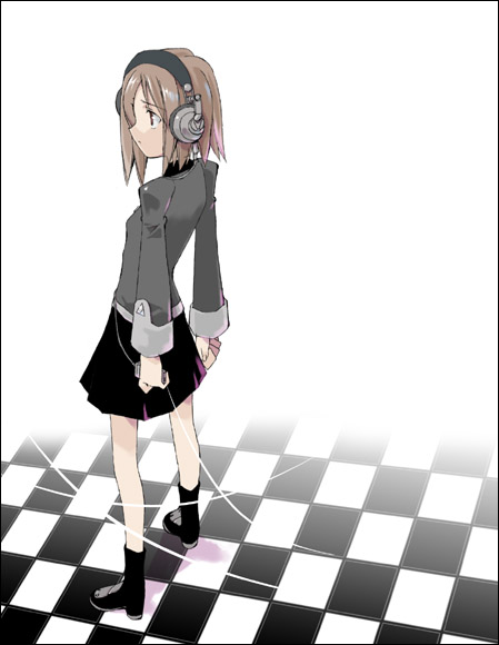 yorishiro tomoyuki, original, 1girl, black skirt, brown eyes, brown hair, female focus, from behind, full body, headphones, long sleeves, looking to the side, pleated skirt, profile, simple background, skirt, sleeve cuffs, solo, standing, string, white background