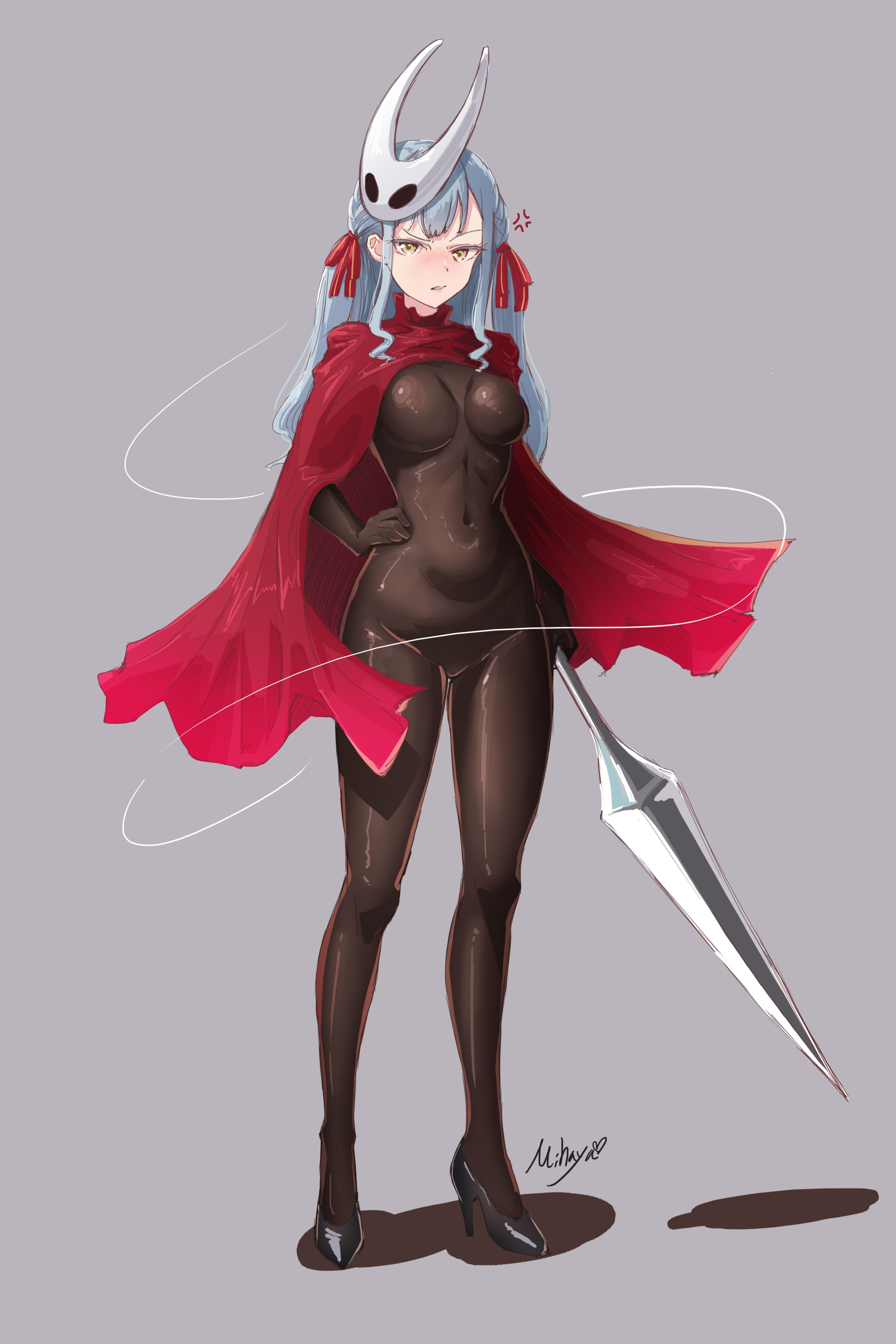 mihaya (mihaya1818), hornet (hollow knight), togawa sakiko, bang dream!, bang dream! it's mygo!!!!!, hollow knight, hollow knight: silksong, absurdres, commentary, highres, 1girl, black bodysuit, blue hair, bodysuit, cape, cosplay, covered navel, hair ribbon, hand on own hip, hornet (hollow knight) (cosplay), long hair, looking at viewer, mask, mask on head, open mouth, red cape, red ribbon, ribbon, sidelocks, solo, yellow eyes