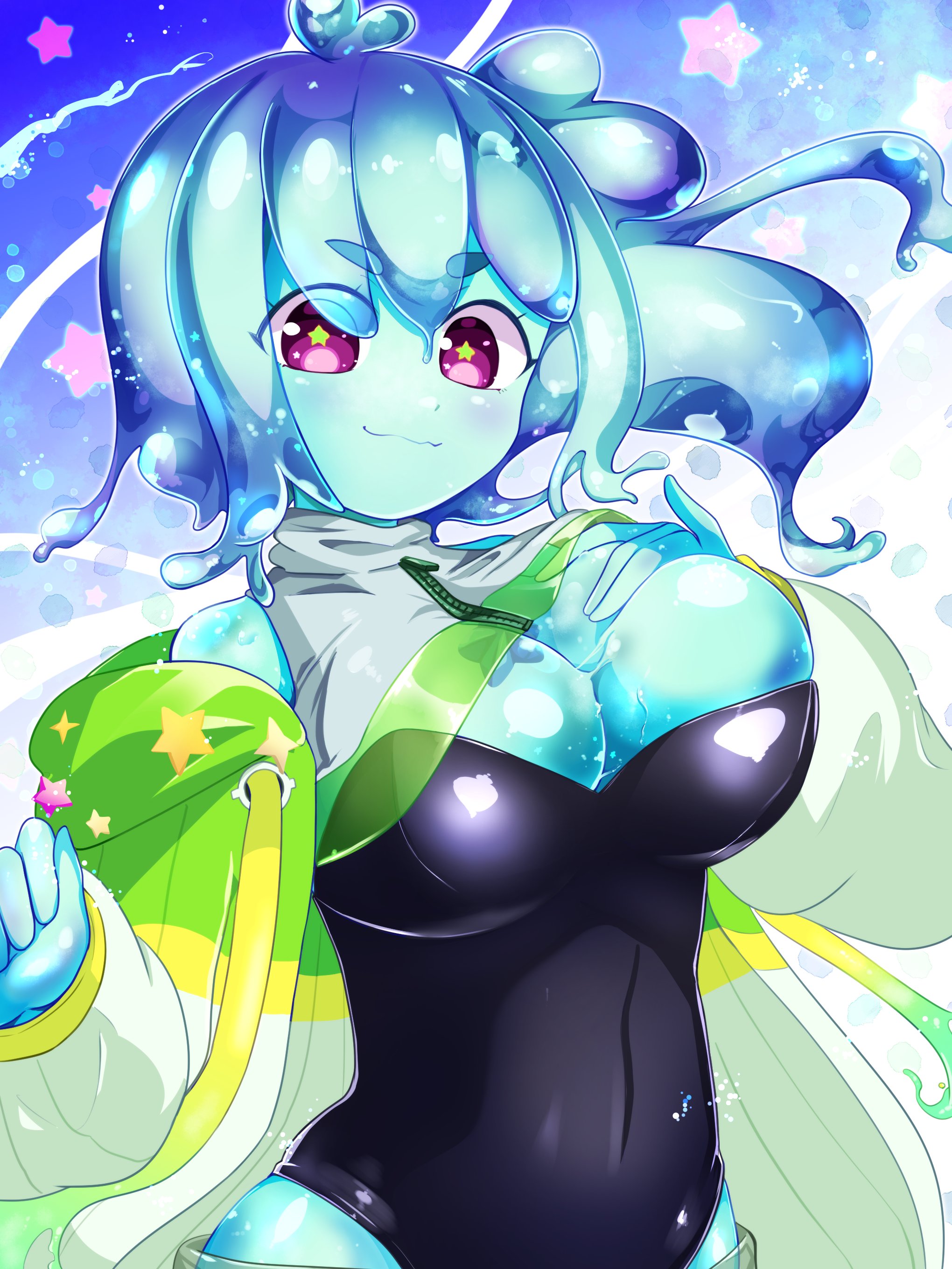 piapi ufo, indie virtual youtuber, absurdres, commentary, commentary request, commission, english commentary, highres, second-party source, 1girl, black leotard, breasts, cleavage, closed mouth, green jacket, hand on own chest, jacket, large breasts, leotard, long sleeves, looking at viewer, medium hair, momomoari, monster girl, open clothes, open jacket, purple eyes, slime girl, smile, solo, star-shaped pupils, star (symbol), symbol-shaped pupils, thick eyebrows, virtual youtuber