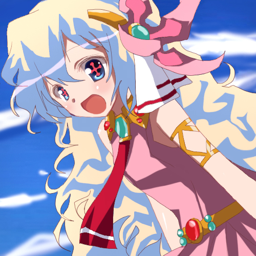 rikudou inuhiko, nia teppelin, tengen toppa gurren lagann, lowres, + +, 00s, armlet, cross-shaped pupils, day, dress, flower, hair flower, hair ornament, jewelry, long hair, multicolored hair, necktie, open mouth, pink dress, sleeveless, solo, square-end necktie, symbol-shaped pupils