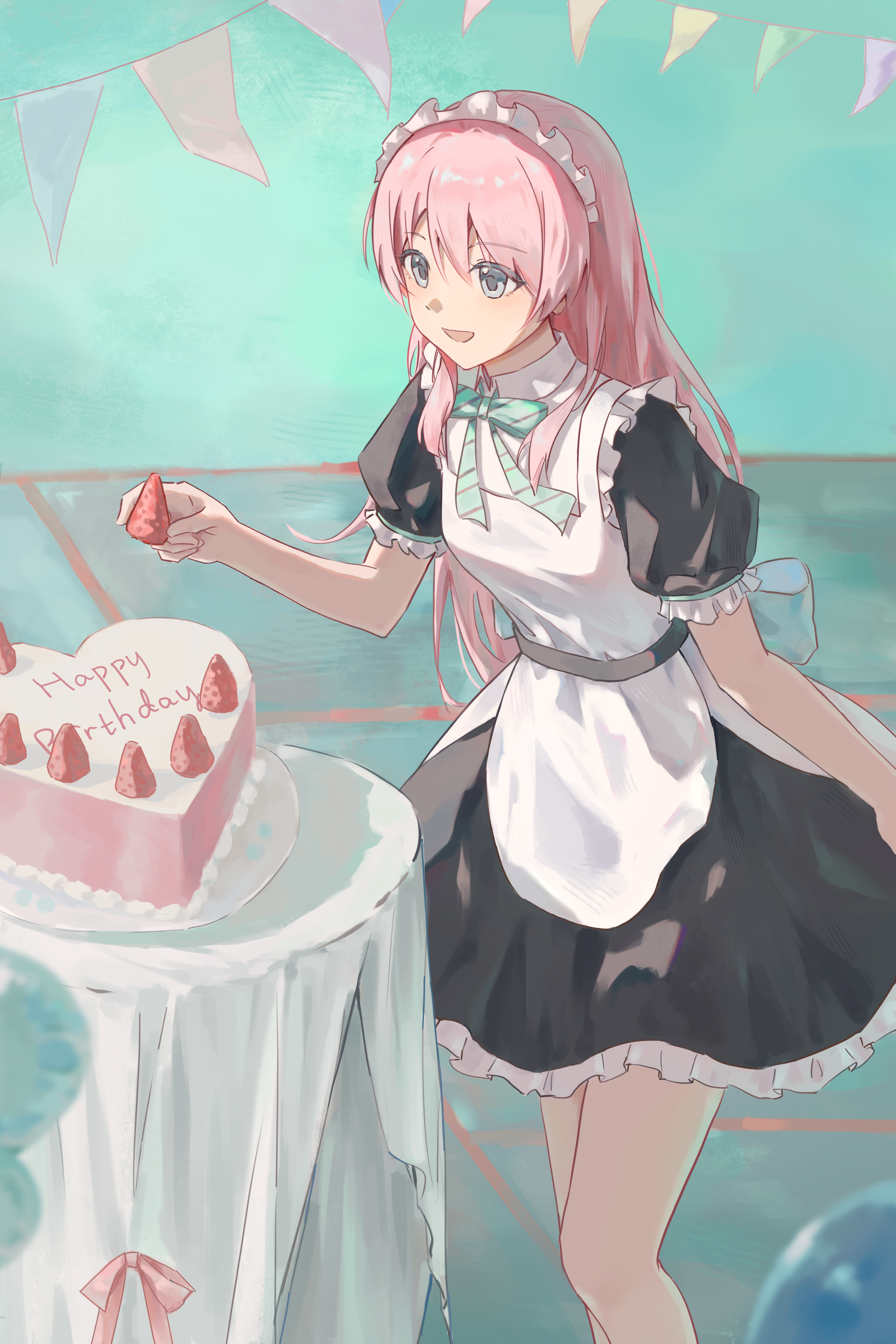 hu pi xuan jiao, chihaya anon, bang dream!, bang dream! it's mygo!!!!!, absurdres, commentary, highres, 1girl, birthday cake, black dress, blue ribbon, cake, dress, food, fruit, grey eyes, happy birthday, long hair, maid, maid headdress, neck ribbon, open mouth, pink hair, ribbon, solo, strawberry